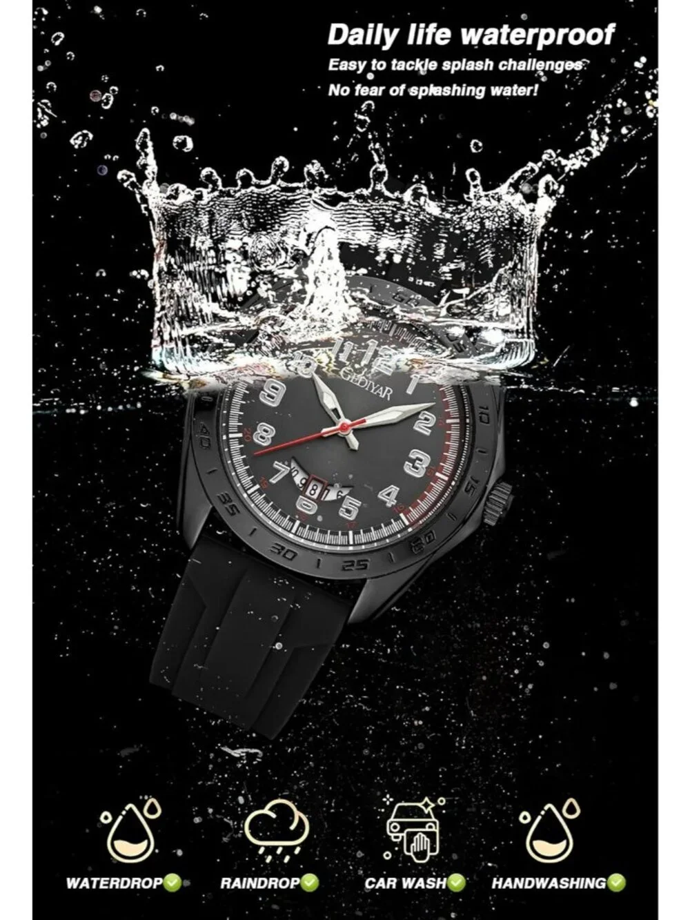 Men's Black Analog Quartz Rubber Silicone Band Arabic Numbers Casual Wrist Watch